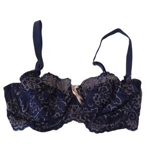 Panache Womens Andorra Bra 34E Lingerie Lace Navy Blue Pink Full Cup High End